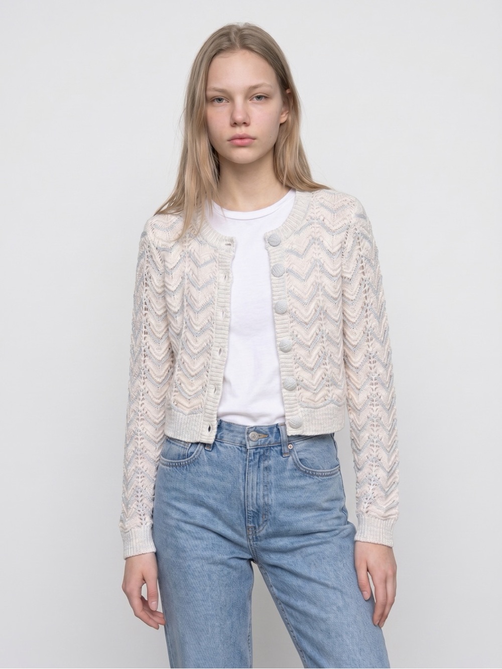 LoveShackFancy Cardigan Cream Light Blue Chevron Striped